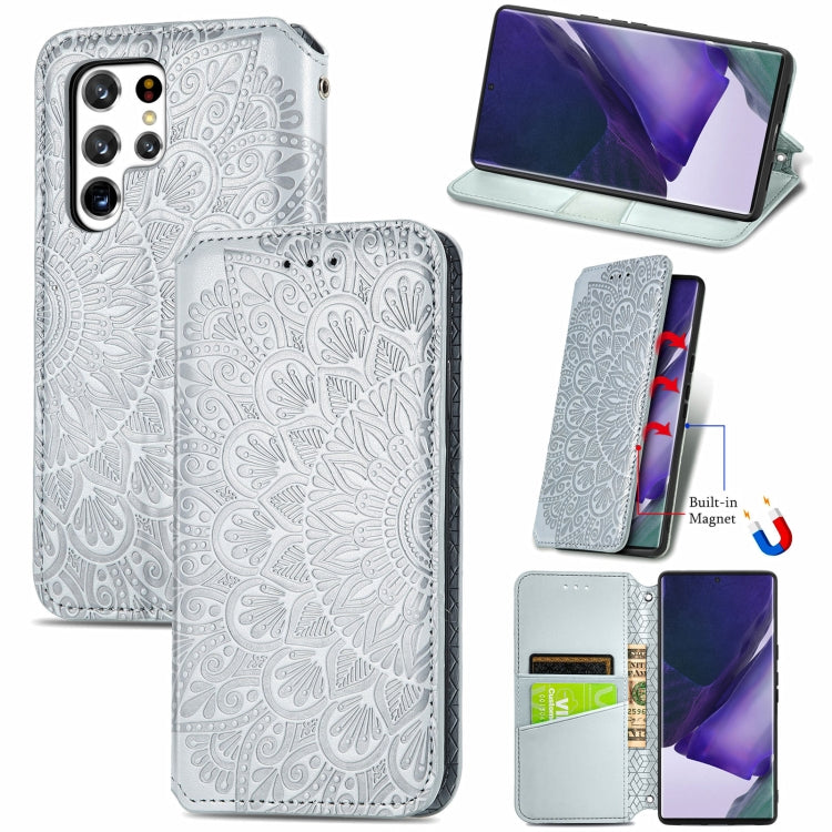 For Samsung Galaxy S22 Ultra 5G Blooming Mandala Embossed Magnetic Horizontal Flip Leather Case with Holder & Card Slots & Wallet