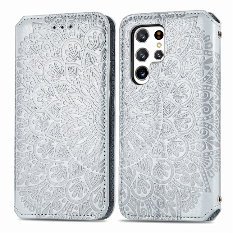 For Samsung Galaxy S22 Ultra 5G Blooming Mandala Embossed Magnetic Horizontal Flip Leather Case with Holder & Card Slots & Wallet