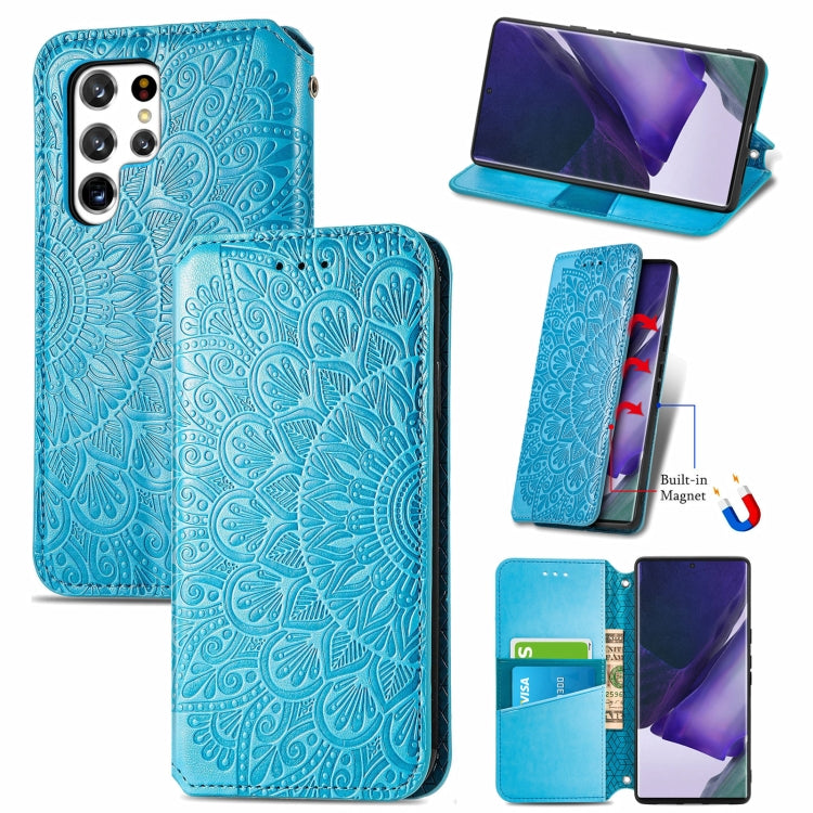For Samsung Galaxy S22 Ultra 5G Blooming Mandala Embossed Magnetic Horizontal Flip Leather Case with Holder & Card Slots & Wallet