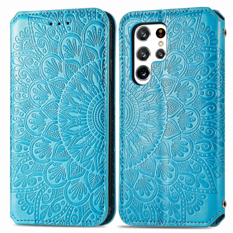 For Samsung Galaxy S22 Ultra 5G Blooming Mandala Embossed Magnetic Horizontal Flip Leather Case with Holder & Card Slots & Wallet
