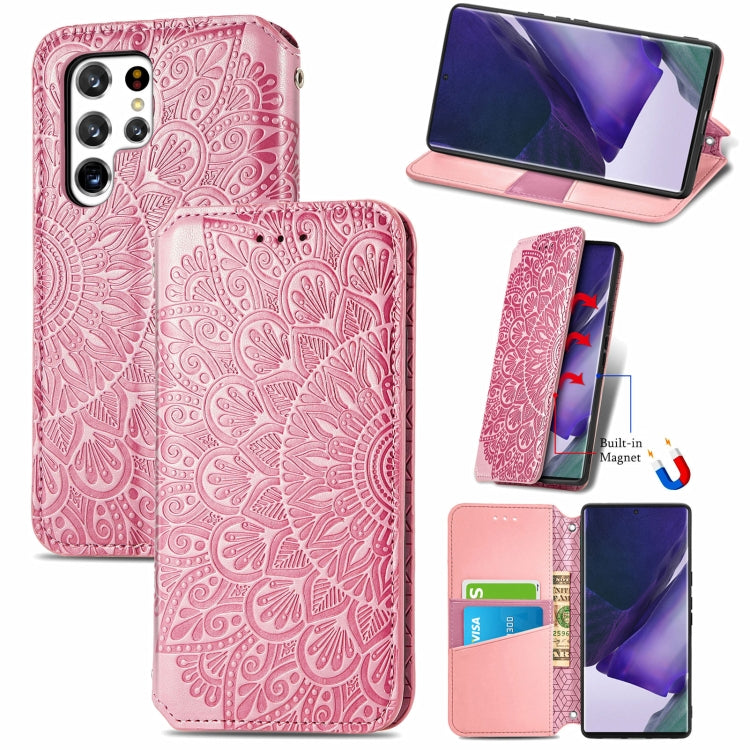 For Samsung Galaxy S22 Ultra 5G Blooming Mandala Embossed Magnetic Horizontal Flip Leather Case with Holder & Card Slots & Wallet