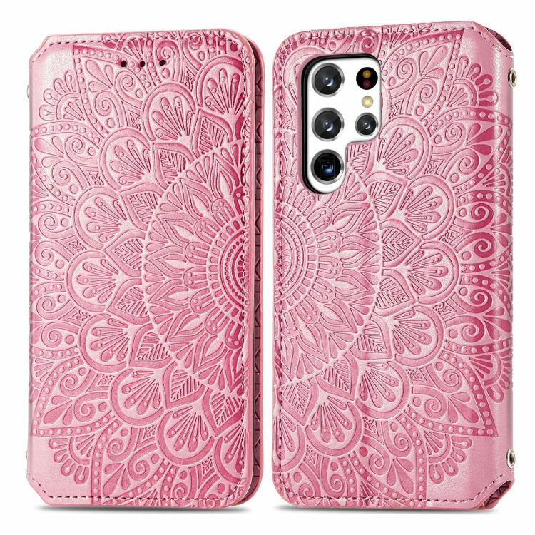 For Samsung Galaxy S22 Ultra 5G Blooming Mandala Embossed Magnetic Horizontal Flip Leather Case with Holder & Card Slots & Wallet