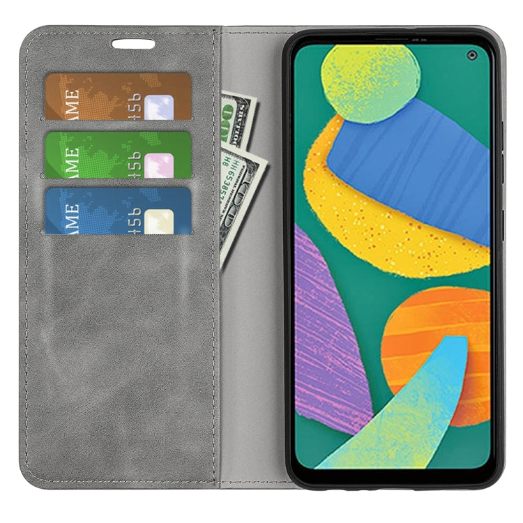 For Samsung Galaxy F52 5G Retro-skin Magnetic Suction Leather Case with Holder & Card Slots & Wallet