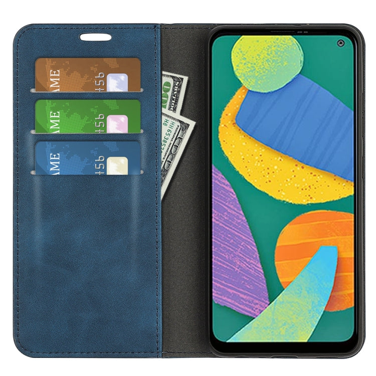 For Samsung Galaxy F52 5G Retro-skin Magnetic Suction Leather Case with Holder & Card Slots & Wallet