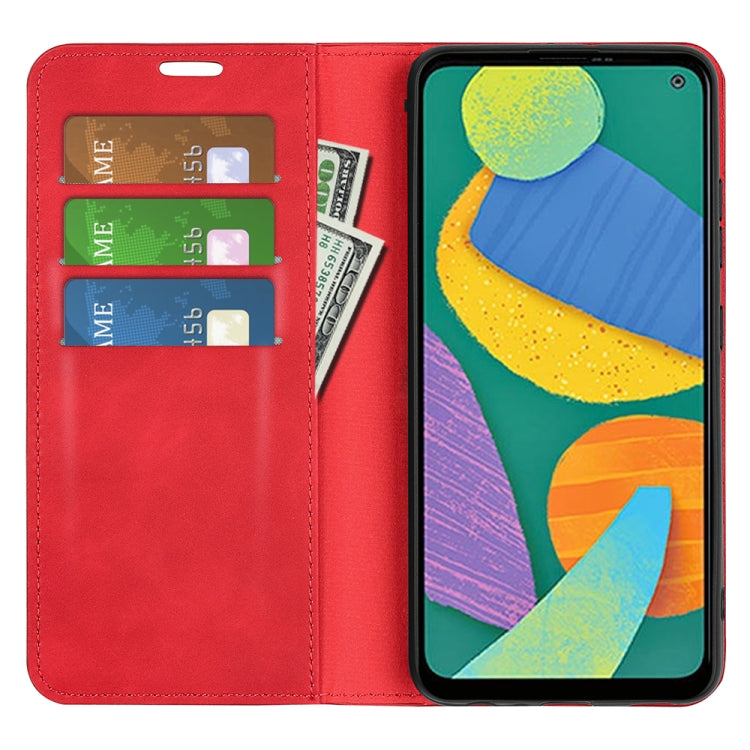 For Samsung Galaxy F52 5G Retro-skin Magnetic Suction Leather Case with Holder & Card Slots & Wallet