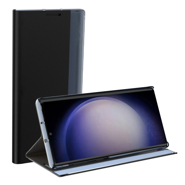 For Samsung Galaxy S22 Ultra 5G Side Display Magnetic Flip Plain Cloth + PC Case with Holder & Sleep / Wake-up Function