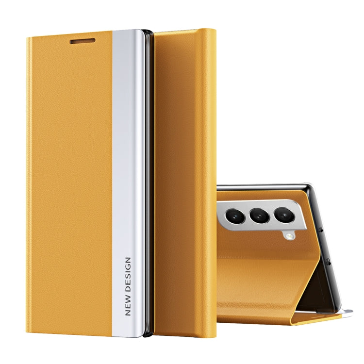 For Samsung Galaxy S22 5G Side Electroplated Magnetic Ultra-Thin Horizontal Flip Leather Case with Holder