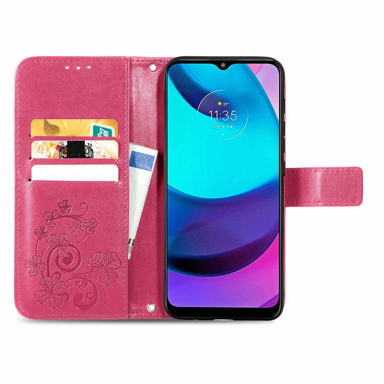 For Motorola Moto E20 Four-leaf Clasp Embossed Leather Case with Lanyard & Card Slot & Wallet & Holder