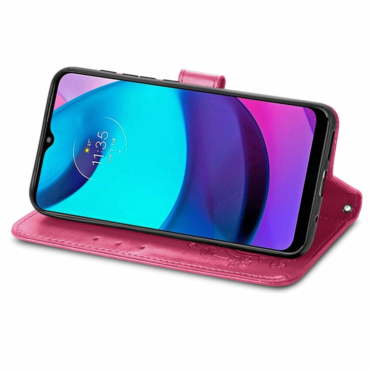 For Motorola Moto E20 Four-leaf Clasp Embossed Leather Case with Lanyard & Card Slot & Wallet & Holder