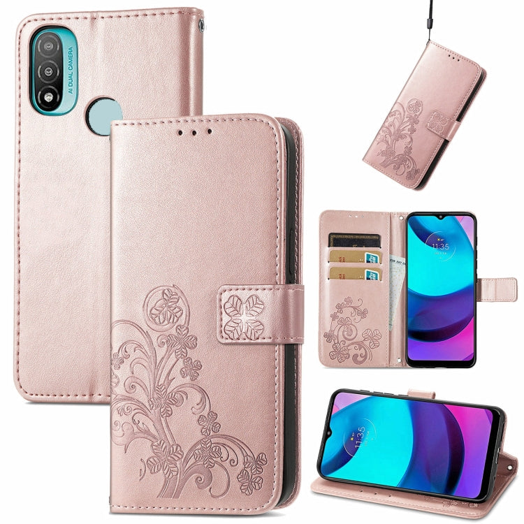 For Motorola Moto E20 Four-leaf Clasp Embossed Leather Case with Lanyard & Card Slot & Wallet & Holder
