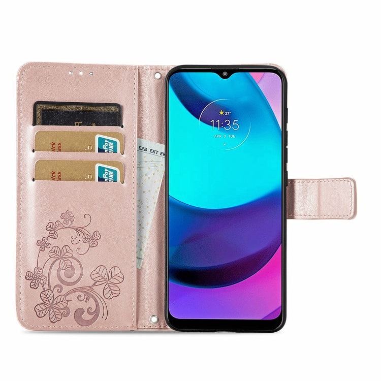 For Motorola Moto E20 Four-leaf Clasp Embossed Leather Case with Lanyard & Card Slot & Wallet & Holder