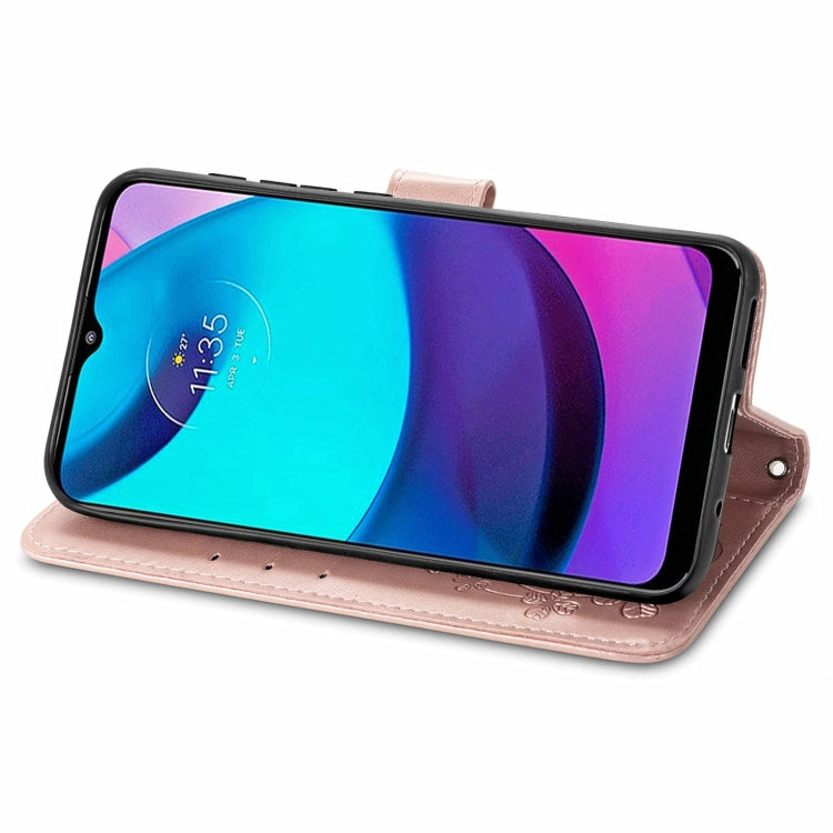 For Motorola Moto E20 Four-leaf Clasp Embossed Leather Case with Lanyard & Card Slot & Wallet & Holder