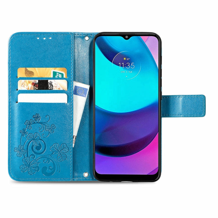 For Motorola Moto E20 Four-leaf Clasp Embossed Leather Case with Lanyard & Card Slot & Wallet & Holder