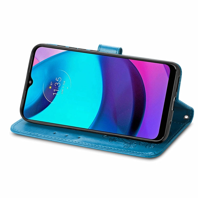 For Motorola Moto E20 Four-leaf Clasp Embossed Leather Case with Lanyard & Card Slot & Wallet & Holder