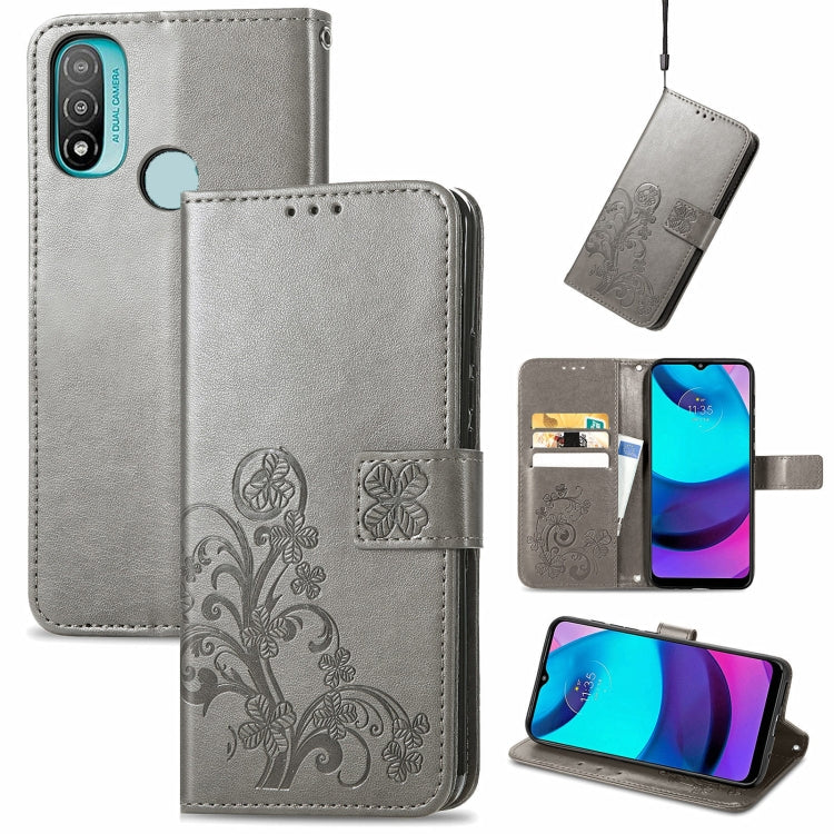 For Motorola Moto E20 Four-leaf Clasp Embossed Leather Case with Lanyard & Card Slot & Wallet & Holder