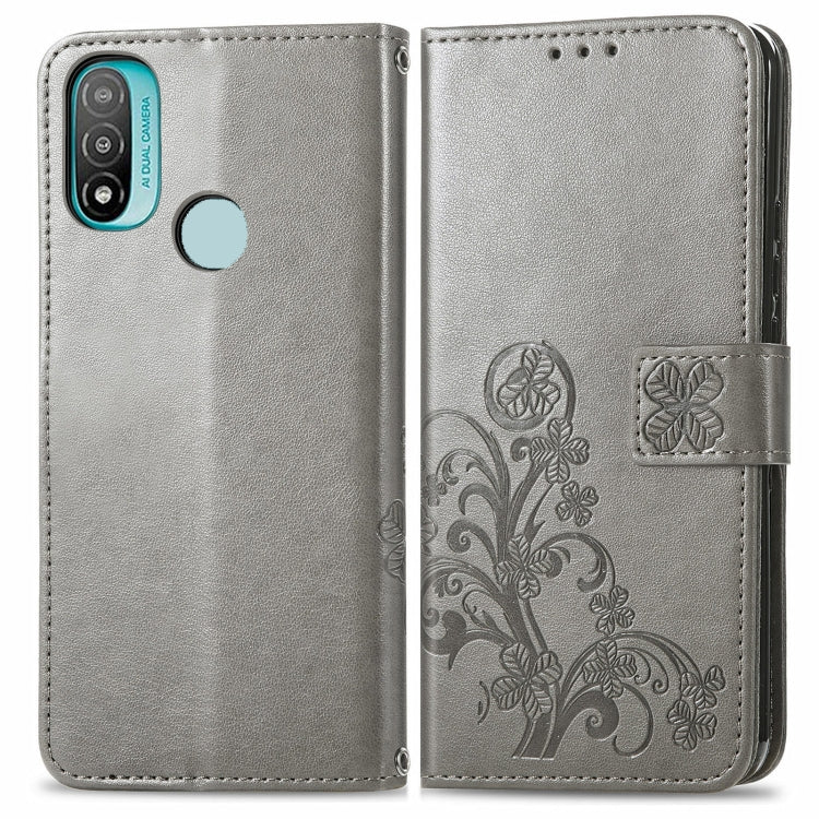 For Motorola Moto E20 Four-leaf Clasp Embossed Leather Case with Lanyard & Card Slot & Wallet & Holder