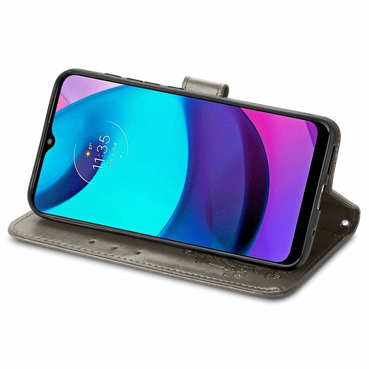 For Motorola Moto E20 Four-leaf Clasp Embossed Leather Case with Lanyard & Card Slot & Wallet & Holder