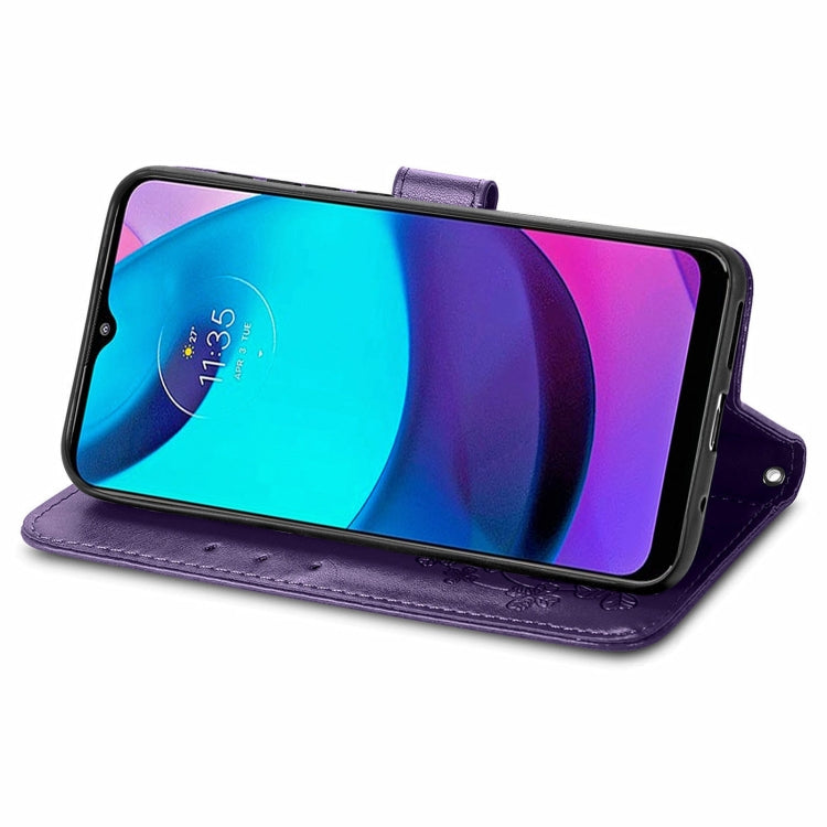 For Motorola Moto E20 Four-leaf Clasp Embossed Leather Case with Lanyard & Card Slot & Wallet & Holder