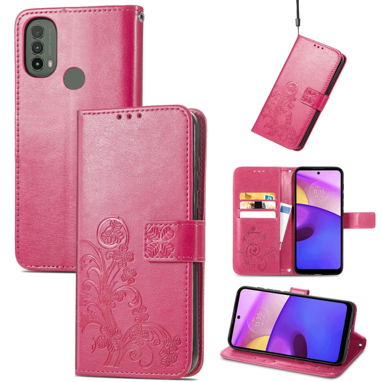 For Motorola Moto E40 Four-leaf Clasp Embossed Leather Case with Lanyard & Card Slot & Wallet & Holder