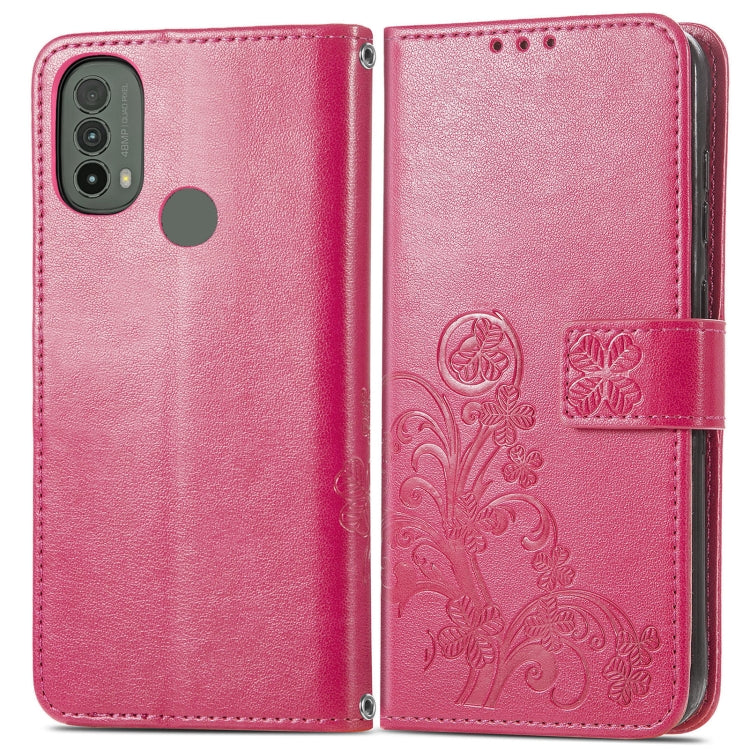For Motorola Moto E40 Four-leaf Clasp Embossed Leather Case with Lanyard & Card Slot & Wallet & Holder