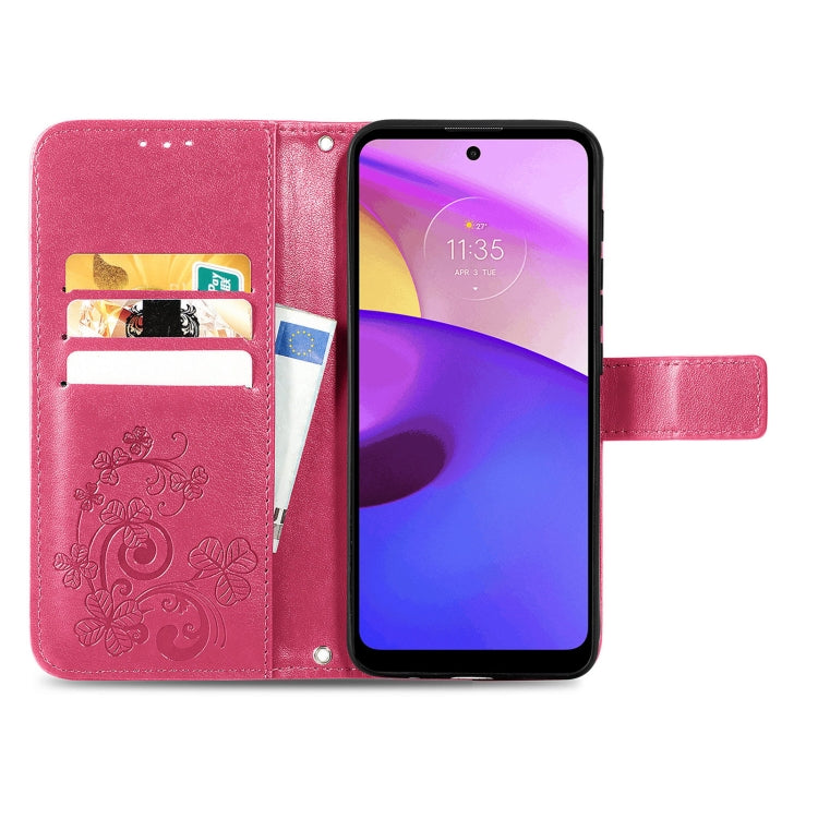 For Motorola Moto E40 Four-leaf Clasp Embossed Leather Case with Lanyard & Card Slot & Wallet & Holder