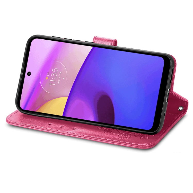 For Motorola Moto E40 Four-leaf Clasp Embossed Leather Case with Lanyard & Card Slot & Wallet & Holder