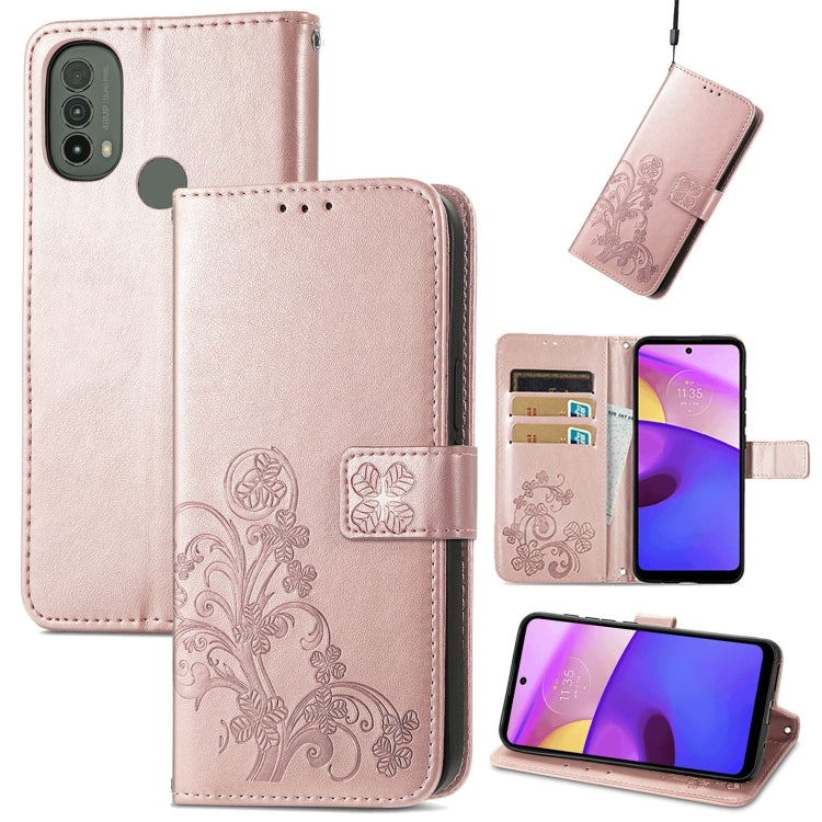 For Motorola Moto E40 Four-leaf Clasp Embossed Leather Case with Lanyard & Card Slot & Wallet & Holder