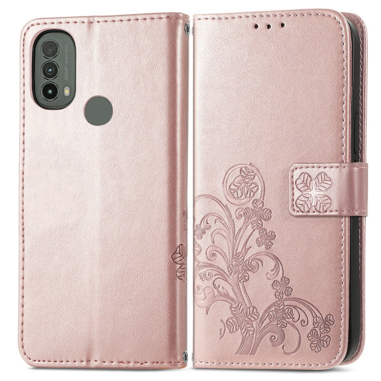 For Motorola Moto E40 Four-leaf Clasp Embossed Leather Case with Lanyard & Card Slot & Wallet & Holder