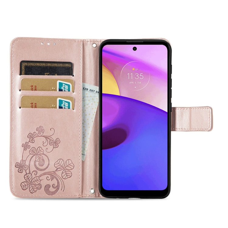 For Motorola Moto E40 Four-leaf Clasp Embossed Leather Case with Lanyard & Card Slot & Wallet & Holder