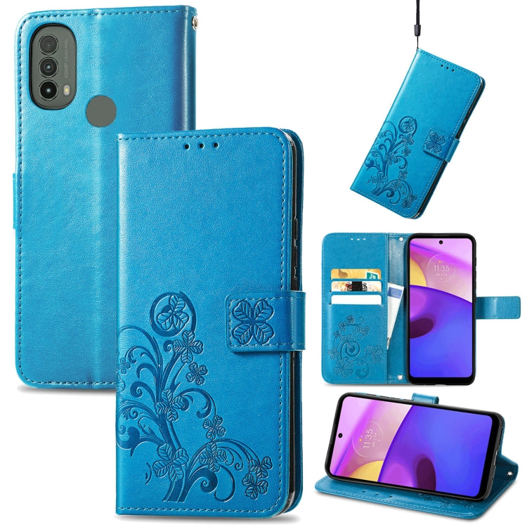 For Motorola Moto E40 Four-leaf Clasp Embossed Leather Case with Lanyard & Card Slot & Wallet & Holder