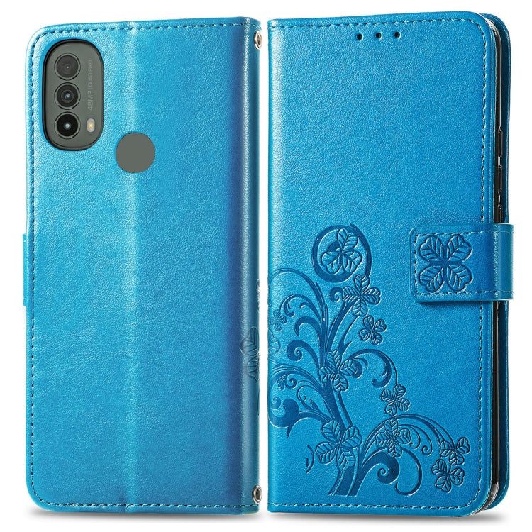 For Motorola Moto E40 Four-leaf Clasp Embossed Leather Case with Lanyard & Card Slot & Wallet & Holder