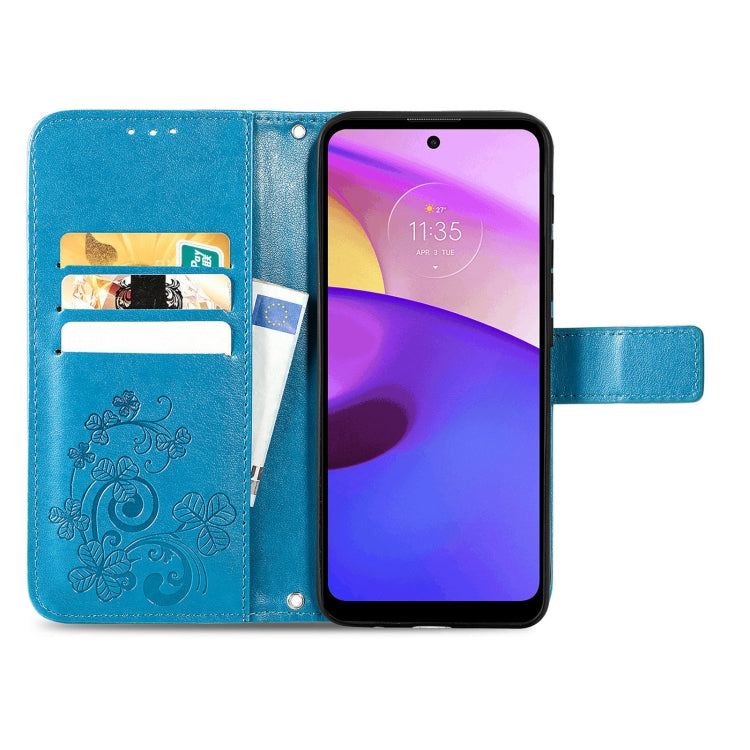 For Motorola Moto E40 Four-leaf Clasp Embossed Leather Case with Lanyard & Card Slot & Wallet & Holder