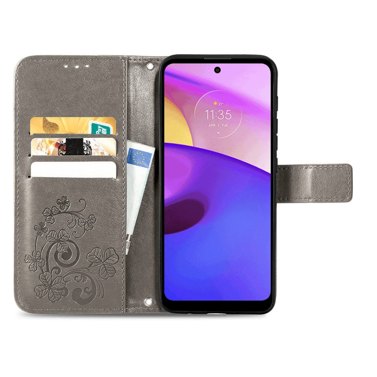 For Motorola Moto E40 Four-leaf Clasp Embossed Leather Case with Lanyard & Card Slot & Wallet & Holder
