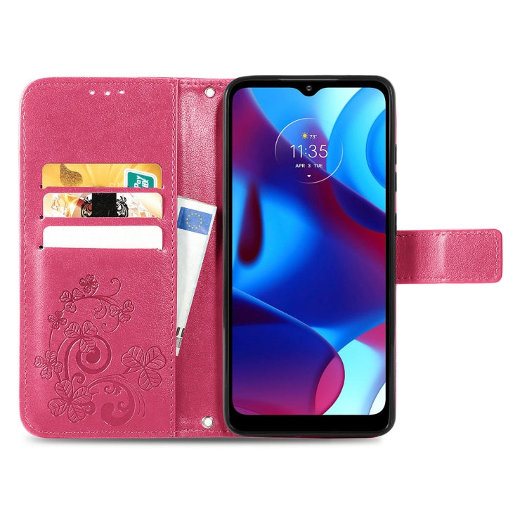 For Motorola Moto G Pure Four-leaf Clasp Embossed Leather Case with Lanyard & Card Slot & Wallet & Holder
