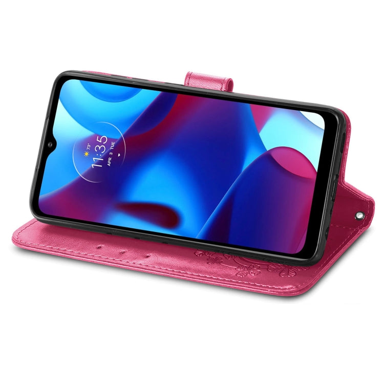 For Motorola Moto G Pure Four-leaf Clasp Embossed Leather Case with Lanyard & Card Slot & Wallet & Holder