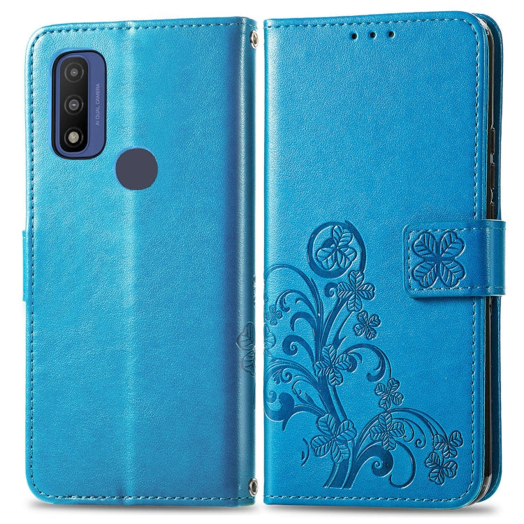 For Motorola Moto G Pure Four-leaf Clasp Embossed Leather Case with Lanyard & Card Slot & Wallet & Holder