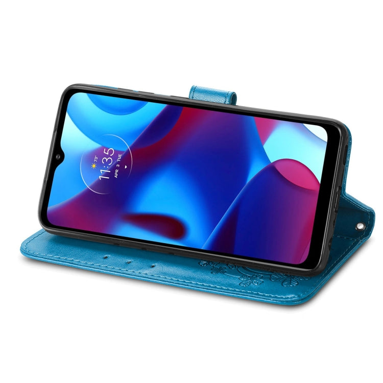 For Motorola Moto G Pure Four-leaf Clasp Embossed Leather Case with Lanyard & Card Slot & Wallet & Holder