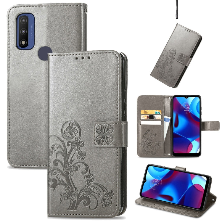 For Motorola Moto G Pure Four-leaf Clasp Embossed Leather Case with Lanyard & Card Slot & Wallet & Holder