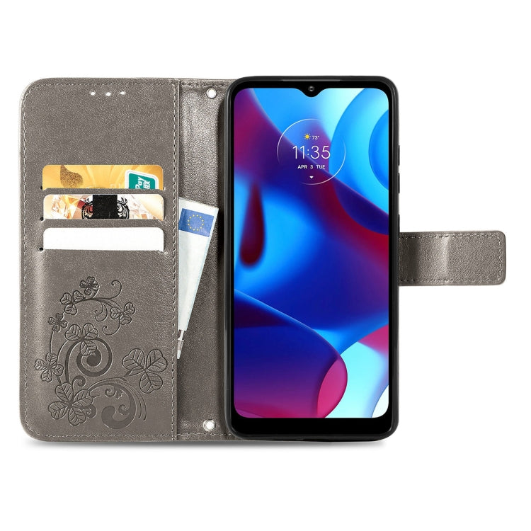 For Motorola Moto G Pure Four-leaf Clasp Embossed Leather Case with Lanyard & Card Slot & Wallet & Holder