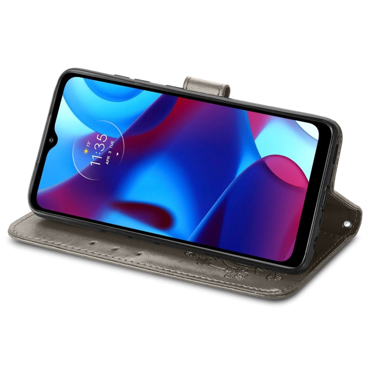 For Motorola Moto G Pure Four-leaf Clasp Embossed Leather Case with Lanyard & Card Slot & Wallet & Holder