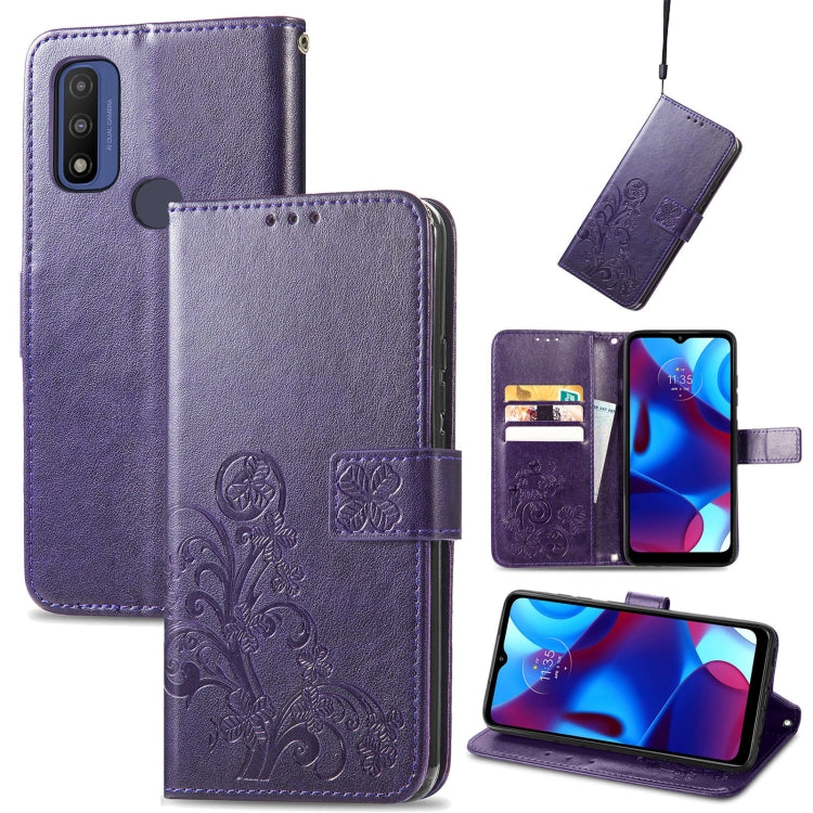 For Motorola Moto G Pure Four-leaf Clasp Embossed Leather Case with Lanyard & Card Slot & Wallet & Holder
