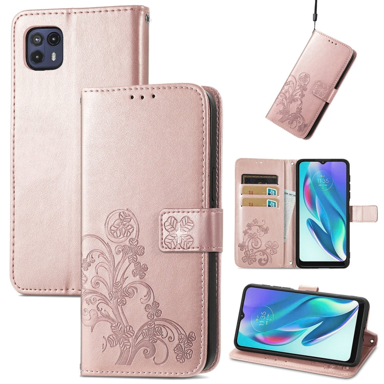 For Motorola Moto G50 5G Four-leaf Clasp Embossed Leather Case with Lanyard & Card Slot & Wallet & Holder