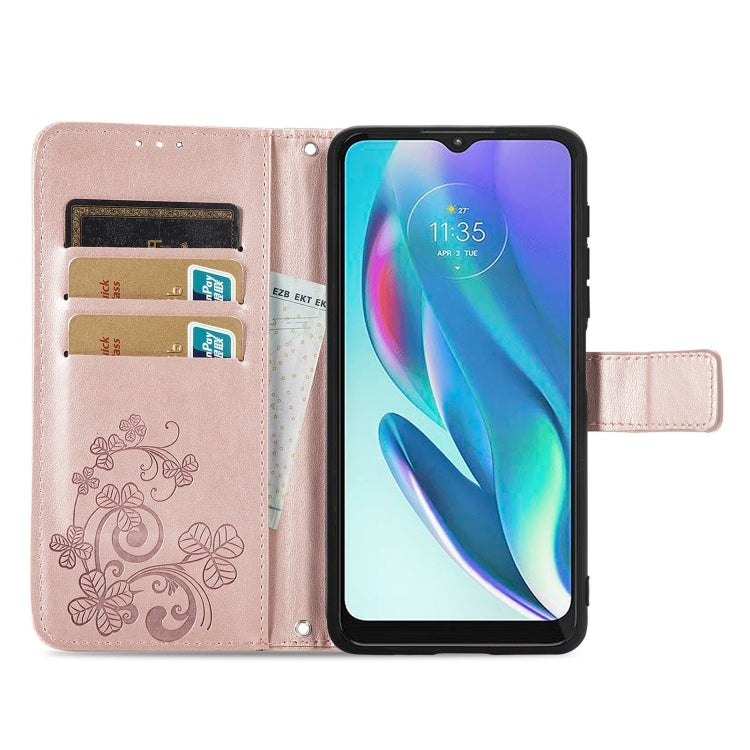 For Motorola Moto G50 5G Four-leaf Clasp Embossed Leather Case with Lanyard & Card Slot & Wallet & Holder