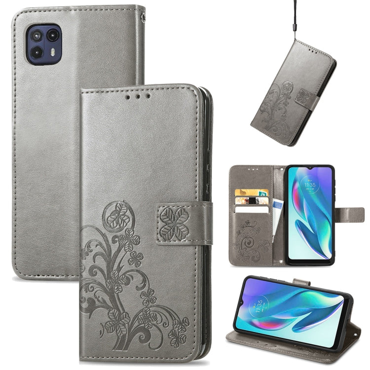 For Motorola Moto G50 5G Four-leaf Clasp Embossed Leather Case with Lanyard & Card Slot & Wallet & Holder
