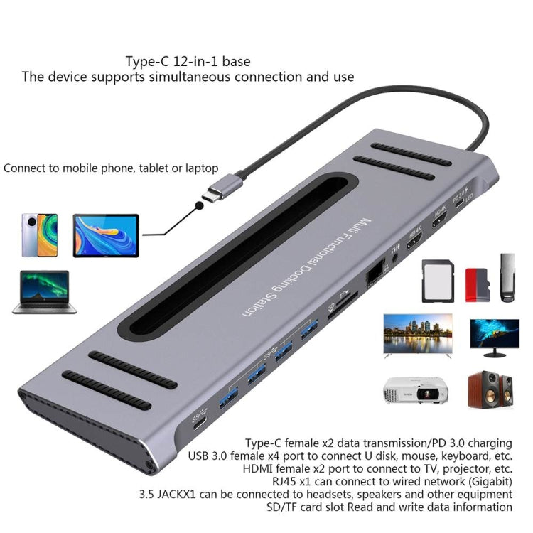 12-in-1 Type-C to PD+HDMI x 2+3.5mm+RJ45+SD/TF+USB3.0x4+Type-C HUB Docking Station
