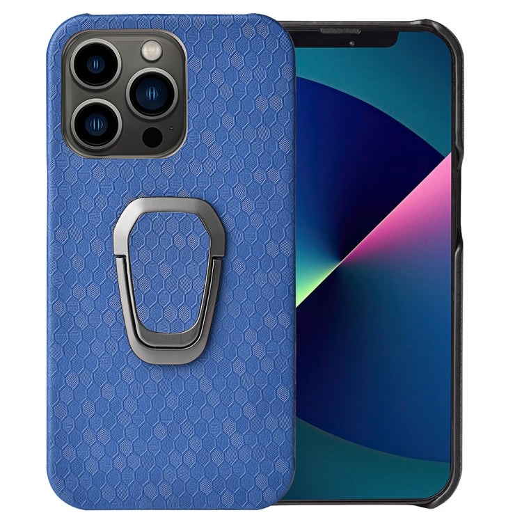 For iPhone 13 Pro Ring Holder Honeycomb PU Phone Case