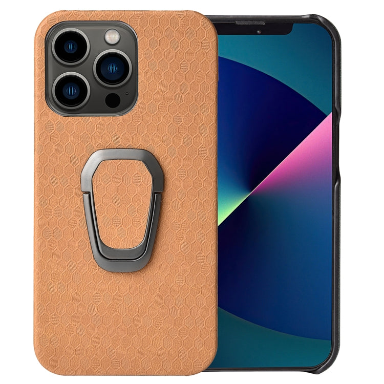 For iPhone 13 Pro Ring Holder Honeycomb PU Phone Case