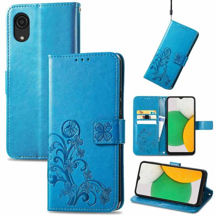 For Samsung Galaxy A03 Core Four-leaf Clasp Embossed Leather Phone Case