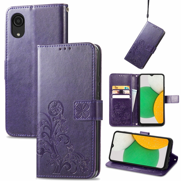 For Samsung Galaxy A03 Core Four-leaf Clasp Embossed Leather Phone Case
