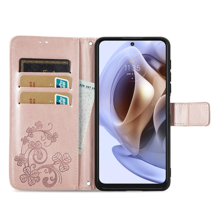 For Motorola Moto G31 Four-leaf Clasp Embossed Buckle Leather Phone Case